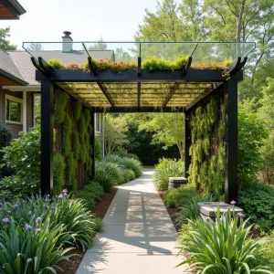 Rainwater Collection Pergola - An eco-conscious pergola design with slanted clear roof panels directing water into collection barrels, featuring living wall elements with trailing ferns and moss. Underplanted with moisture-loving ligularia and Japanese iris.