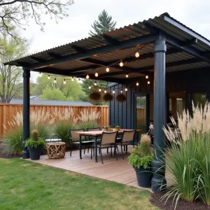 Reclaimed Corrugated Metal Roof - An industrial-style patio cover using salvaged corrugated metal roofing supported by repurposed pipe columns painted matte black. String lights and hanging air plants add whimsy, while tall ornamental grasses provide natural screening.