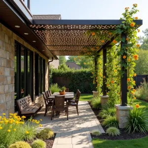 Recycled Metal Honeycomb Shield - An innovative patio cover made from repurposed metal sheets cut into honeycomb patterns, creating intricate shadow play. Yellow and orange flowering vines including trumpet honeysuckle and black-eyed susan vine climb the structure, while bronze fennel and golden oregano add texture below.