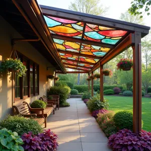 Recycled Window Mosaic Haven - A kaleidoscopic patio cover created from salvaged stained glass windows arranged in a colorful mosaic pattern. Dragon Wing Begonias and Cascade Petunias hang from vintage copper gutters, while Persian Shield and Coleus create rich purple foliage beneath.