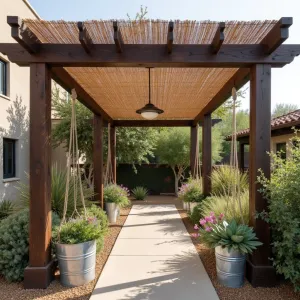 Natural Reed Roll Pergola Cover - A simple wooden pergola draped with natural reed roll matting for shade, supported by basic lumber posts stained dark brown. Desert wildflowers in galvanized steel containers and hanging macramé planters with trailing succulents add bohemian charm.