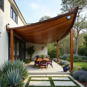 Repurposed Boat Hull Shelter - An inverted wooden boat hull creates a nautical-themed patio cover, complete with brass hardware and portholes. Blue Chalk Sticks succulents and Sea Lavender provide coastal color, while New Zealand Flax adds architectural drama.