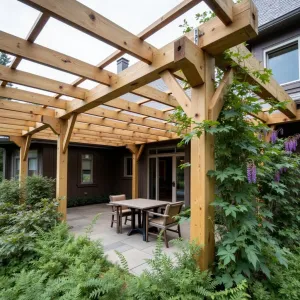 Rustic Timber Frame Structure - A substantial timber frame patio cover with exposed beams and brackets, featuring a clear polycarbonate roof. Native wisteria climbs the posts, while mixed ferns and hostas create a lush understory.