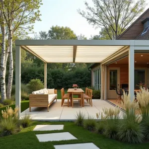 Scandinavian Minimalist Pergola - A clean-lined pergola in pale natural wood with white steel supports, featuring retractable white canvas panels. Surrounded by silver birch trees and masses of ornamental grasses including Karl Foerster feather reed grass.