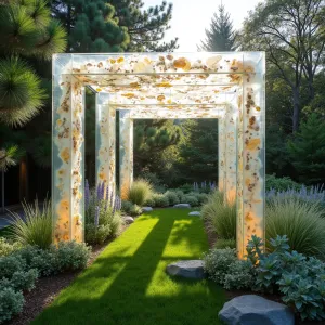 Sculptural Resin Panel Haven - Translucent resin panels embedded with natural materials create an artistic canopy that glows with filtered sunlight. Surrounded by Blue Star Juniper, Silver Dragon Lily Turf, and White Cloud Muhly Grass, creating a ethereal garden space.