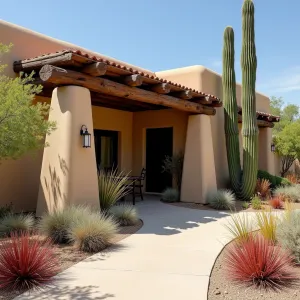 Southwest Adobe Ramada - A traditional southwestern ramada with rough-hewn timber beams and authentic adobe columns, topped with ocotillo cane. Desert landscaping featuring Golden Barrel Cactus, Red Yucca, and various desert sage varieties creates an authentic arid garden setting.