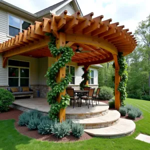 Spiral Timber Canopy Garden - A unique spiral-shaped wooden patio cover with ascending beams creating a dynamic vortex effect, finished in natural cedar stain. Climbing Carolina Jasmine and Passion Flower vines spiral up support posts, while circular beds below feature Blue Star Creeper and Mexican Heather creating concentric rings of color.