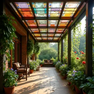 Stained Glass Living Wall - A dramatic patio cover combining stained glass panels with integrated vertical gardening systems. The structure features hanging Lipstick Plants, Stained Glass Begonias, and Persian Shield, creating a living kaleidoscope effect with filtered colored light.