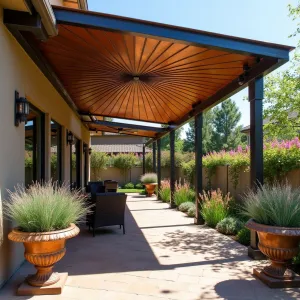 Sunburst Copper Panel Retreat - A radial patio cover design featuring aged copper panels arranged in a sunburst pattern, supported by curved steel beams. Complemented by Mediterranean specimens including Silvery Artemisia, Purple Torch Celosia, and Copper Canyon Daisy in weathered bronze urns, creating a warm metallic theme.