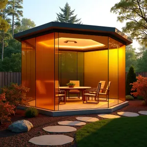 Sunrise Prism Pavilion - A hexagonal patio structure featuring gradient-tinted acrylic panels from amber to clear, creating warm morning light effects. The surrounding garden features Dawn Redwood, Rising Sun Redbud, and Orange Rocket Barberry for complementary sunrise tones.