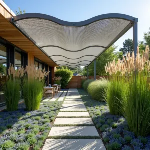 Suspended Metal Wave Canopy - An undulating patio cover made from perforated aluminum panels in a wave formation, creating dynamic light patterns below. The space features tall Horsetail Reed in linear steel planters, with carpet-like masses of Blue Camassia and Creeping Thyme forming a living tapestry beneath.