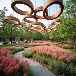 Suspended Ring Garden Pavilion - Multiple suspended wooden rings of varying sizes create a mesmerizing overhead canopy, connected by steel cables and clear acrylic panels. Below, a garden of Pink Muhly Grass, Silver Falls Dichondra, and Firecracker Penstemon creates waves of texture and color.