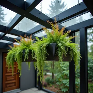 Sustainable Hanging Garden Canopy - A modern patio cover featuring a series of suspended aluminum planters with integrated irrigation system, cascading with String of Pearls, Boston Ferns, and Purple Wandering Jew plants. Clear acrylic panels between the planters provide rain protection while allowing natural light. LED strip lighting illuminates the hanging gardens at night.