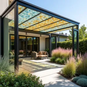 Terrazzo-Inspired Panel System - A unique patio cover featuring custom-made translucent panels with embedded colored glass pieces creating a terrazzo-like effect. The garden features Pink Muhly Grass, Blue Fescue, and Mediterranean Spurge in color-coordinated contemporary planters.