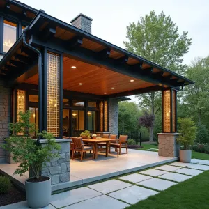 Textured Glass Block Ceiling - A sophisticated patio cover using various textured glass blocks to create an ever-changing light display throughout the day. Complemented by Silver Falls Dichondra, Purple Heart Tradescantia, and Variegated Shell Ginger in modernist concrete planters.