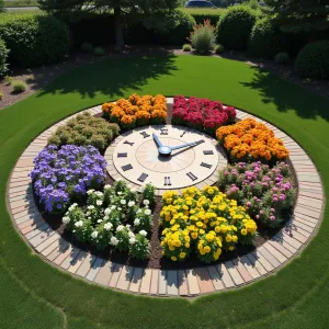 Time-Lapse Flower Clock Pavilion - A circular patio cover divided into sections featuring flowers that bloom at different times of day, creating a living clock effect. Morning Glory, Four O'Clocks, and Evening Primrose mark the hours, while a central digital sundial projects time onto the garden floor.