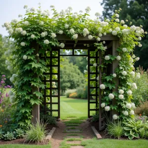 Garden Trellis Panel Roof - Simple garden trellis panels connected to create an overhead structure, supported by basic posts. Star jasmine and passion flower vines intertwine through the lattice, creating natural shade and fragrance.