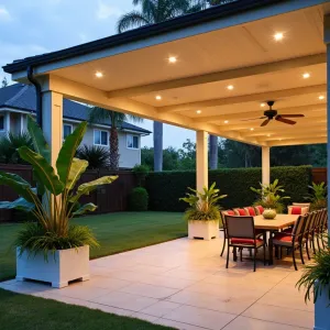 Tropical Paradise Pergola - An expansive alumawood patio cover in warm ivory with wide-set rafters, incorporating hidden speakers and ambient lighting. Lush tropical plantings include Red Abyssinian Banana, Giant Bird of Paradise, and Variegated Shell Ginger in contemporary white planters.