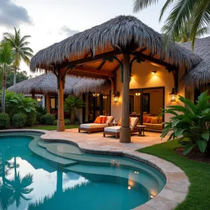 Tropical Thatched Pavilion - A luxurious poolside patio cover featuring authentic palm frond thatching and carved wooden posts. Bird of paradise, red ginger, and rainbow cordyline create a tropical paradise, with night-blooming jasmine adding evening fragrance.