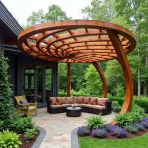 Twisted Timber Helix - A dynamic helical patio cover constructed from twisted cedar beams that spiral upward, creating an organic DNA-like structure. The space features climbing Black-Eyed Susan Vine and Carolina Jessamine, with underplantings of Blue Star Creeper and Dragon's Blood Sedum.