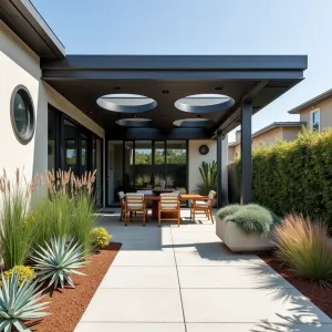 Urban Industrial Eclipse - A bold alumawood patio cover in charcoal gray with oversized circular cutouts creating dramatic light patterns. The modern space features Steel Blue Snake Plant, Bronze Carex, and Mexican Feather Grass in geometric concrete planters with copper accents.