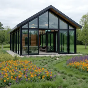 Urban Rain Garden Pavilion - A modern steel frame structure with adjustable glass panels and built-in drainage system, surrounded by matrix plantings of switchgrass, rudbeckia, and purple verbena in geometric patterns.