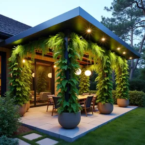 Vertical Garden Living Canopy - A revolutionary patio cover combining brushed aluminum frames with integrated hydroponic living walls, featuring cascading ferns and flowering vines. The structure includes automated irrigation systems and grow lights, while Pothos, Boston Ferns, and Purple Passion Plants create lush vertical gardens. String lights weave through the greenery for evening ambiance.