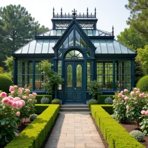 Victorian Glass House Hybrid - A elegant hybrid structure combining traditional Victorian greenhouse elements with modern materials, featuring wrought iron details and temperature-sensitive glass panels. Surrounded by English climbing roses, butterfly bush, and classic box hedging.