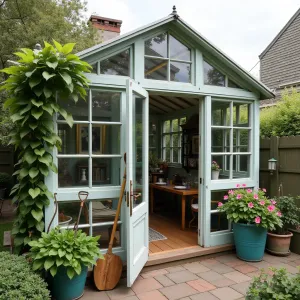 Repurposed Window Greenhouse Cover - A charming patio cover constructed from salvaged windows and french doors, creating a greenhouse effect. Hanging fuchsias and trailing ivy soften the structure, while vintage garden tools serve as wall decorations.