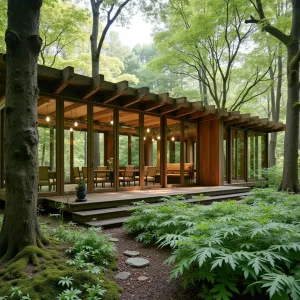 Woodland Rain Retreat - A natural-style wooden structure with clear panels and moss-covered beams, integrated with existing trees. Features shade-loving plantings of wood ferns, trillium, and mountain laurel.