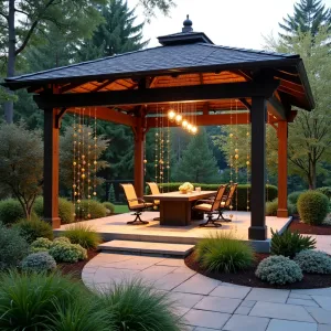 Woven Copper Rain Chain Pavilion - An elegant patio structure featuring woven copper panels and decorative rain chains that direct water into illuminated collection basins. Japanese Forest Grass, Copper King Hosta, and Bronze Giant Ajuga create metallic-toned understory planting.