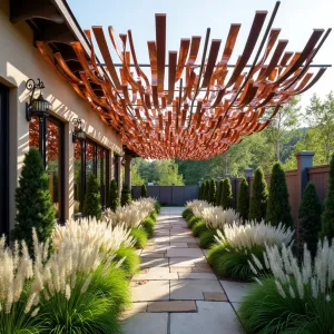 Woven Metal Ribbon Canopy - Interwoven strips of copper and steel create a mesmerizing ribbon-like canopy structure that appears to dance overhead. White Gaura and Mexican Feather Grass add movement below, while Purple Tower Cordyline provides strong vertical accents.