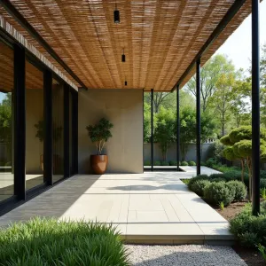 Woven Reed Meditation Haven - A peaceful patio cover crafted from natural reeds woven into intricate patterns, supported by black bamboo poles. The zen-inspired space features Cloud-Pruned Boxwood, Black Mondo Grass, and Korean Rock Fern, with a small water feature providing tranquil sounds.