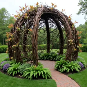 Woven Willow Observatory - A dome-shaped structure created from living willow branches woven into a geodesic pattern. Sweet Autumn Clematis and Kentucky Wisteria climb the framework, while beds of Ostrich Fern and Ligularia create lush groundcover.