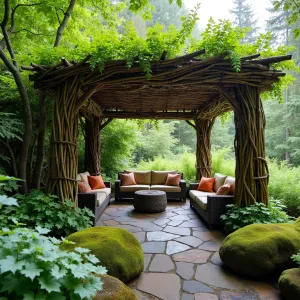 Woven Willow Woodland Haven - A naturalistic patio cover hand-woven from living willow branches that continue to grow and leaf out seasonally. The surrounding woodland garden features native ferns, Solomon's seal, and wild ginger, with moss-covered boulders creating natural seating areas.