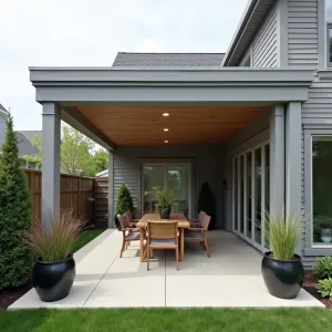 Zen Garden Retreat - A serene alumawood patio cover with clean lines and minimal ornamentation in soft gray, featuring built-in downlighting. The space is accented with Cloud Pruned Juniper, Dragon's Blood Sedum, and Japanese Forest Grass in black ceramic containers, creating a meditative atmosphere.