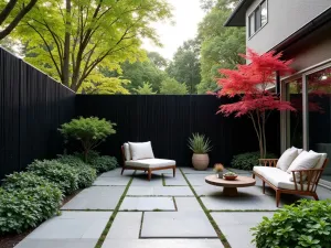 Asian Fusion Privacy - An elegant front patio with black bamboo privacy screens and Japanese maples, featuring contemporary Asian-inspired furniture and zen elements