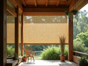 Bamboo Blind Border - Roll-up bamboo blinds mounted between posts with hanging air plants and wind chimes, creating a zen-inspired privacy solution