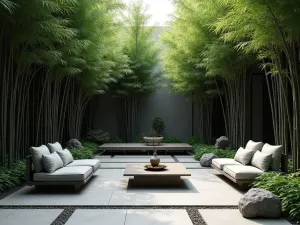 Bamboo Grove Room - Zen-inspired patio surrounded by black bamboo grove, creating intimate outdoor room, minimalist furniture, stone elements