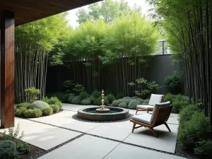 Bamboo Grove Screen - A zen-inspired patio surrounded by planted black bamboo creating natural privacy, with a stone water feature and minimalist Japanese furniture