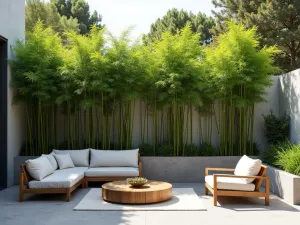 Bamboo Living Privacy Screen - Natural bamboo plants in raised concrete planters creating a living privacy wall around a minimalist patio, with modern furniture and zen-inspired decor