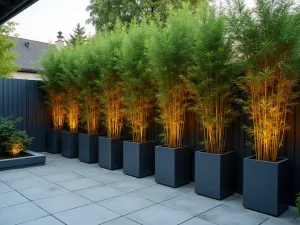 Bamboo Privacy Screen - A modern patio space with tall potted bamboo plants creating a natural privacy screen, arranged in sleek rectangular planters along the edge of a concrete patio, soft evening lighting filtering through the leaves