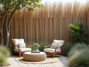 Beachy Reed Screen - Natural reed screening with coastal-inspired decor, surrounded by ornamental grasses and beach-hardy plants