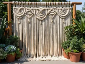 Bohemian Macrame Screen - A large-scale macrame privacy screen hung between wooden posts, with potted succulents and trailing string of pearls creating natural elements