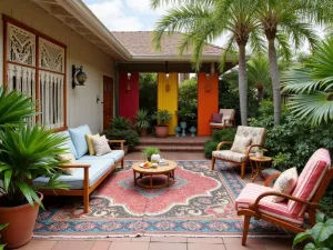 Bohemian Privacy Garden - An eclectic front patio with macramé hanging screens, potted palms, and colorful privacy panels, featuring mix-matched outdoor furniture