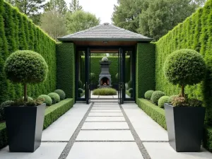 Boxwood Panel Privacy - Formal patio enclosed by manicured boxwood panels in modern planters, with symmetrical topiary elements