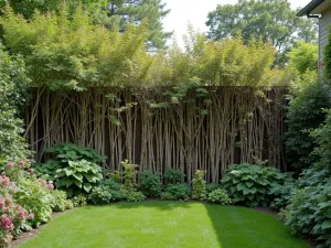 Branch Screen Garden - Natural privacy screen made from gathered branches secured between posts, interplanted with clematis and honeysuckle for a woodland feel