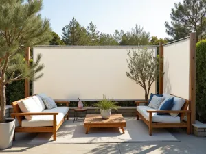 Canvas Sail Privacy Screen - A coastal-style patio with white canvas sail privacy screens, potted olive trees, and weathered teak furniture