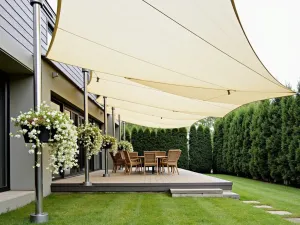 Canvas Sail Privacy - Modern canvas sail shade providing both privacy and sun protection, mounted on steel posts with trailing star jasmine in wall-mounted planters