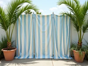 Coastal Canvas Screen - Weather-resistant canvas panels in soft blue and white stripes creating a cabana-style privacy screen, with potted palm trees and coastal grasses